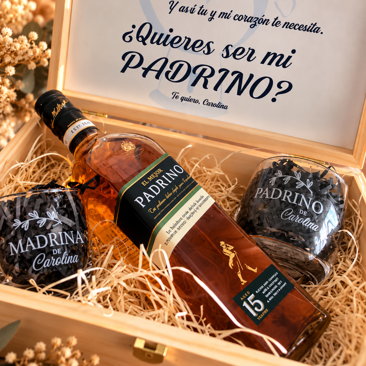 caja de madera personalizada con licor premium
